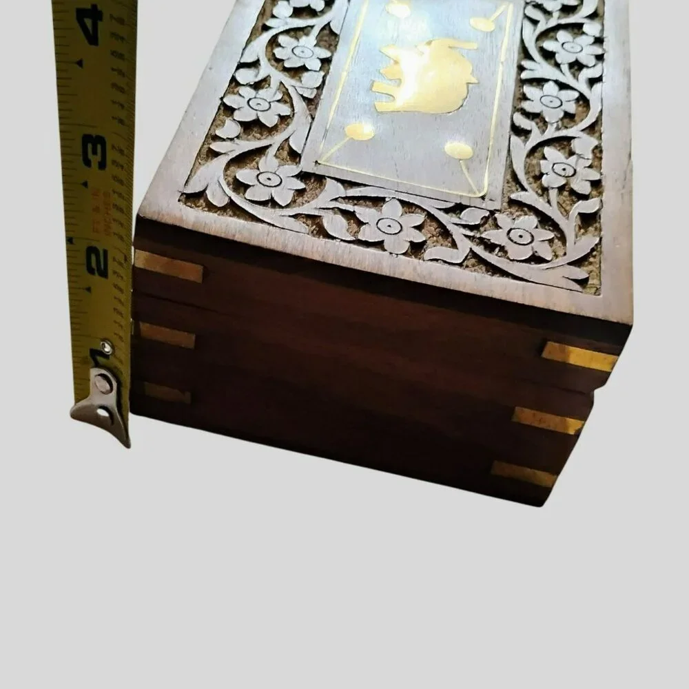 Hand-Carved Wooden Jewelry Box With Brass Elephant Inlay & Red Velvet Lining
